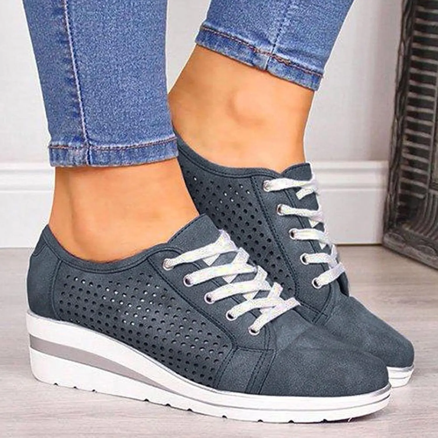 Dress Casual Womens Shoes Casual Hollow Shoes Increased Breathable Women's Mid-heel Shoes Lace-up Women's Hot Flip Flops