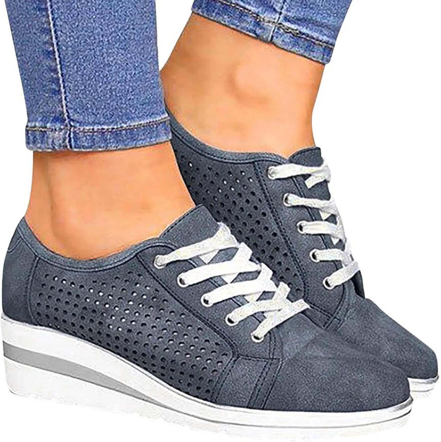 Dress Casual Womens Shoes Casual Hollow Shoes Increased Breathable Women's Mid-heel Shoes Lace-up Women's Hot Flip Flops