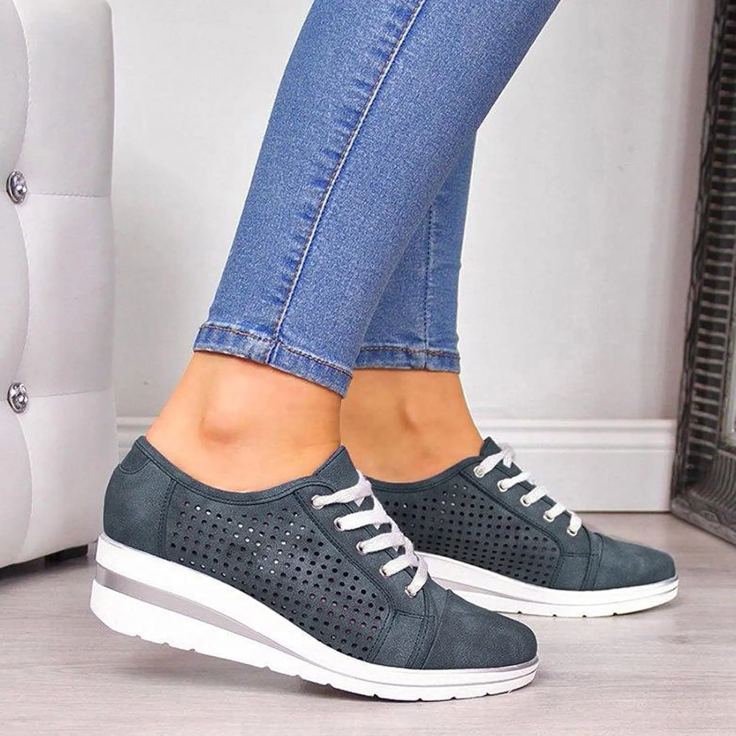 Dress Casual Womens Shoes Casual Hollow Shoes Increased Breathable Women's Mid-heel Shoes Lace-up Women's Hot Flip Flops