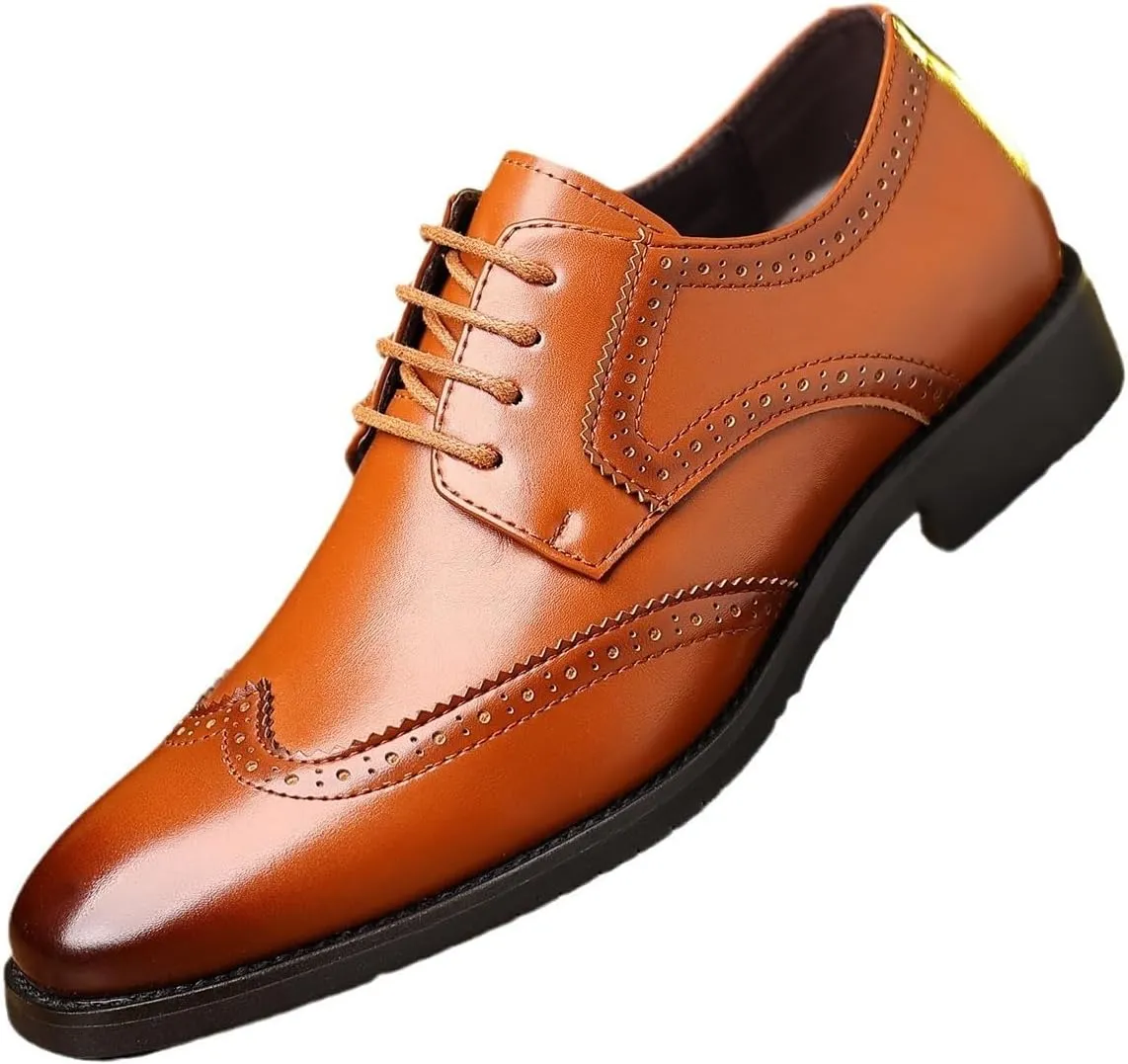 Formal Oxford Shoes for Men Lace-up Casual Brogue Vegan Leather Non Slip Rubber Sole Slip Resistant Anti-Slip Shoe for Casual Wedding Party Prom