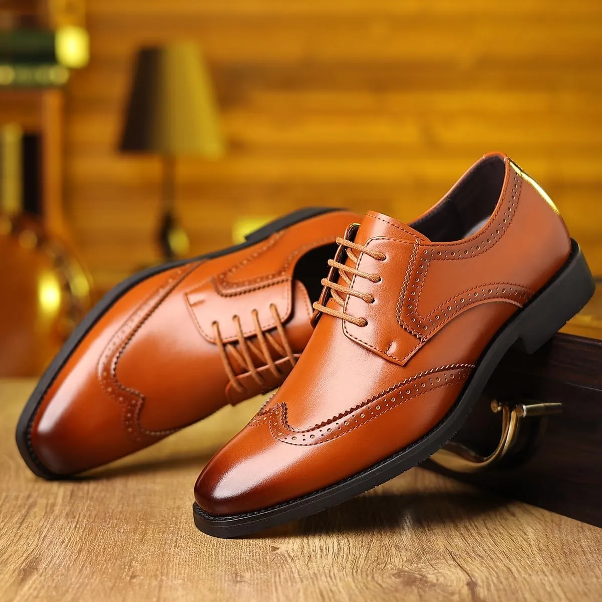 Formal Oxford Shoes for Men Lace-up Casual Brogue Vegan Leather Non Slip Rubber Sole Slip Resistant Anti-Slip Shoe for Casual Wedding Party Prom