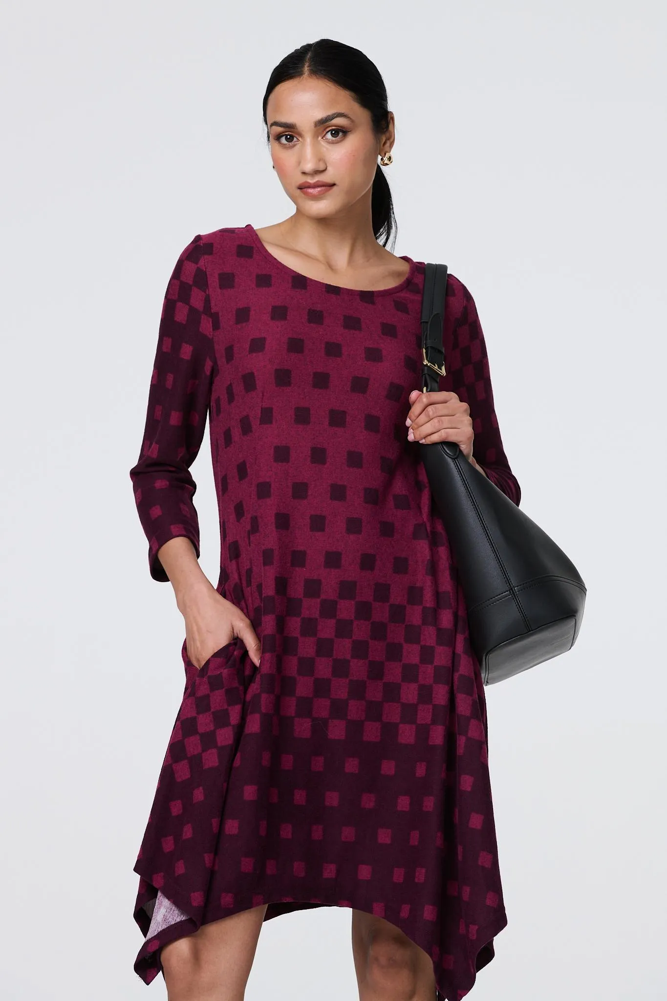 Geo Print Hanky Hem 3/4 Sleeve Tunic Dress