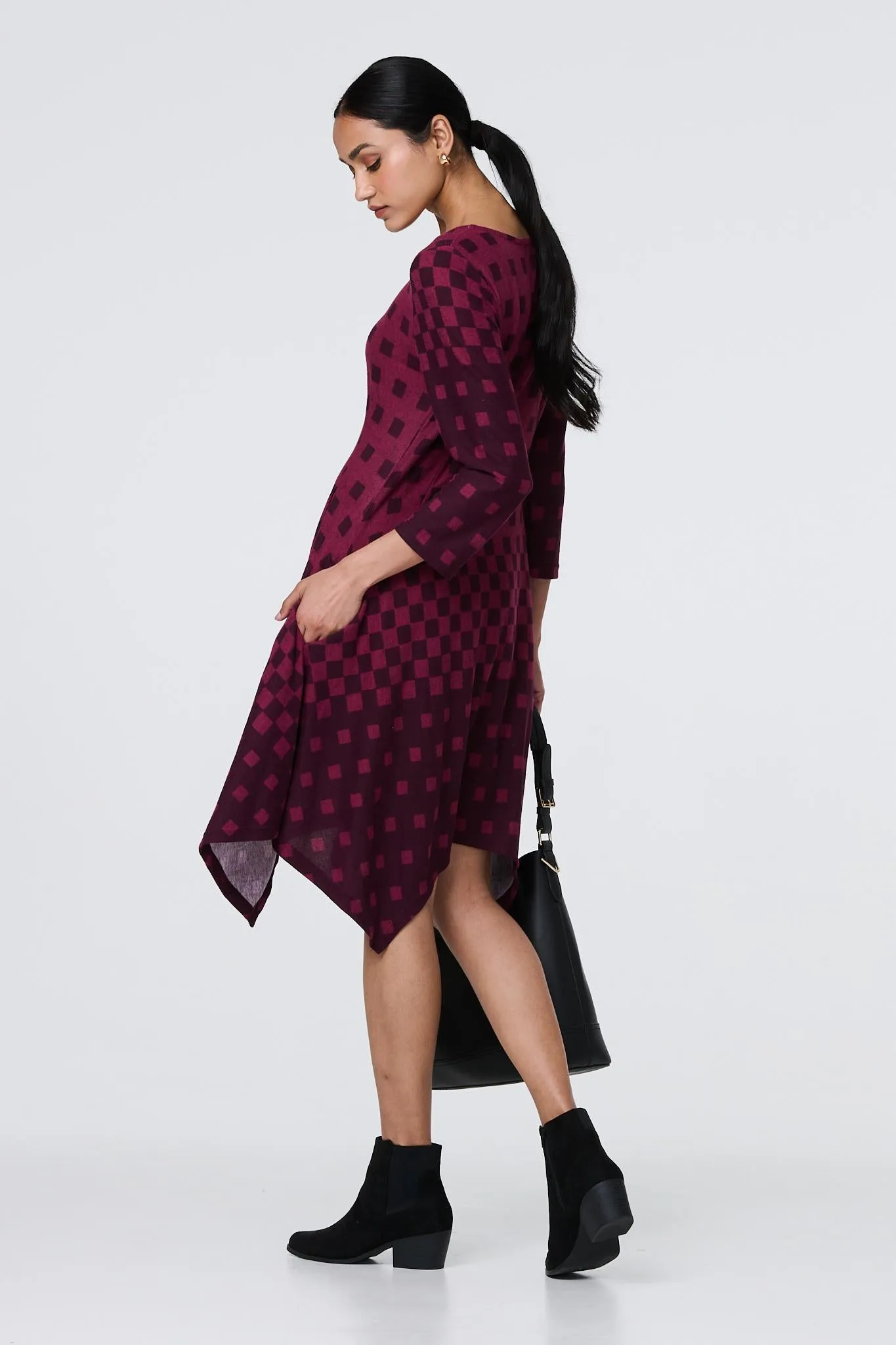 Geo Print Hanky Hem 3/4 Sleeve Tunic Dress