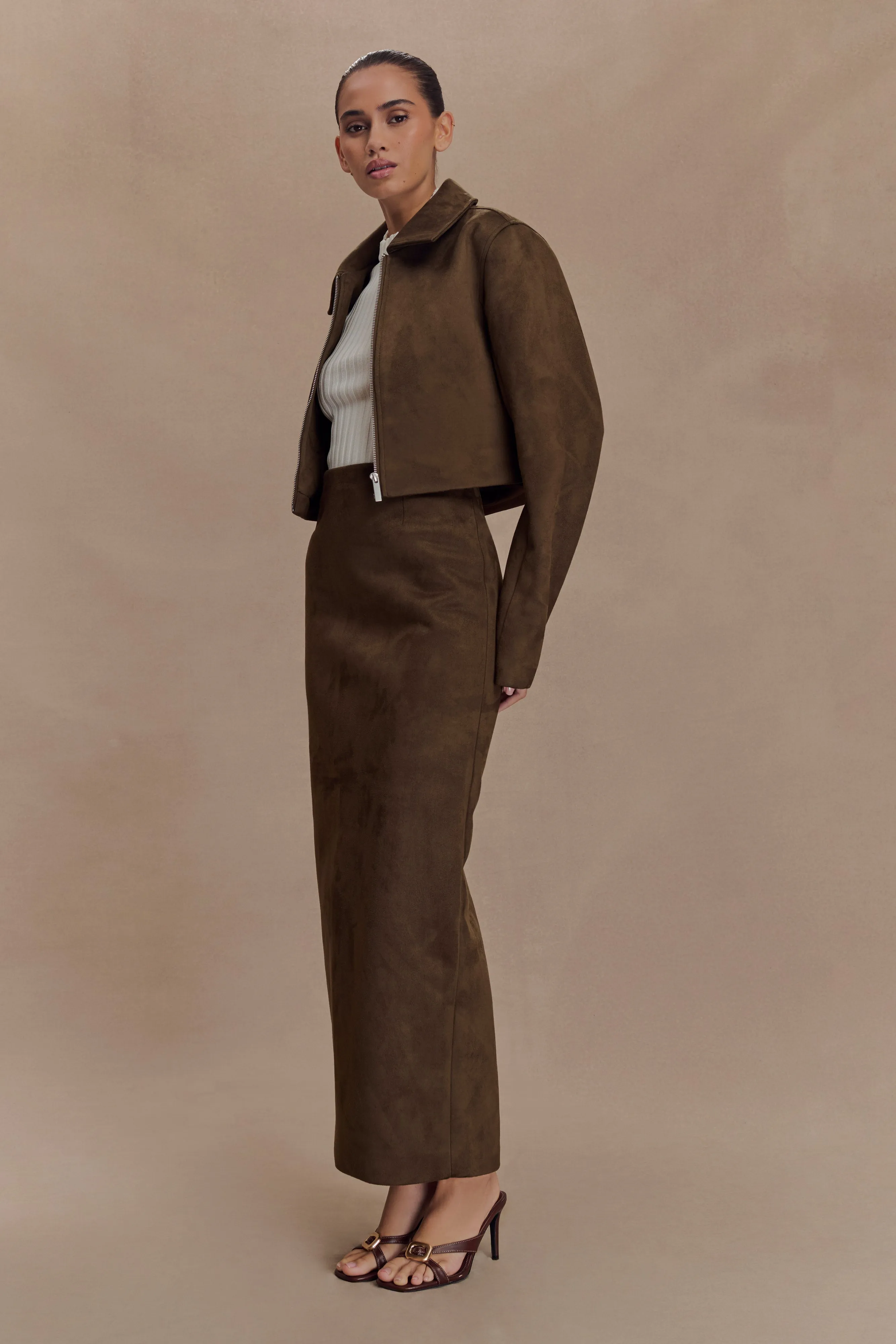 Hayes Faux Suede Midi Skirt - Chocolate