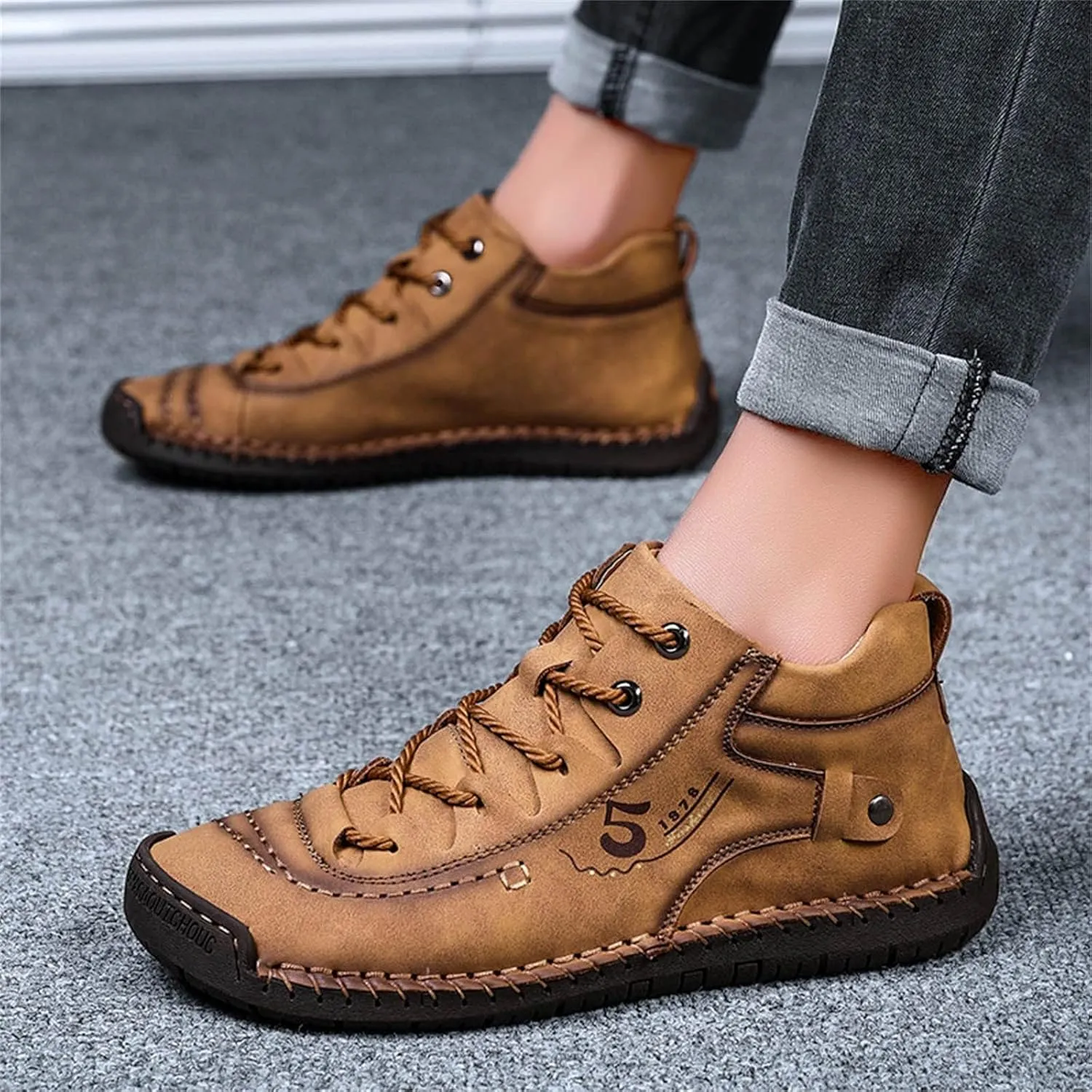 Mens Casual Leather Shoes Size 11 Summer and Autumn Men Leather Shoes Flat Soft Bottom Comfortable Mid Top Lace Up Casual Shoes Laces Dress