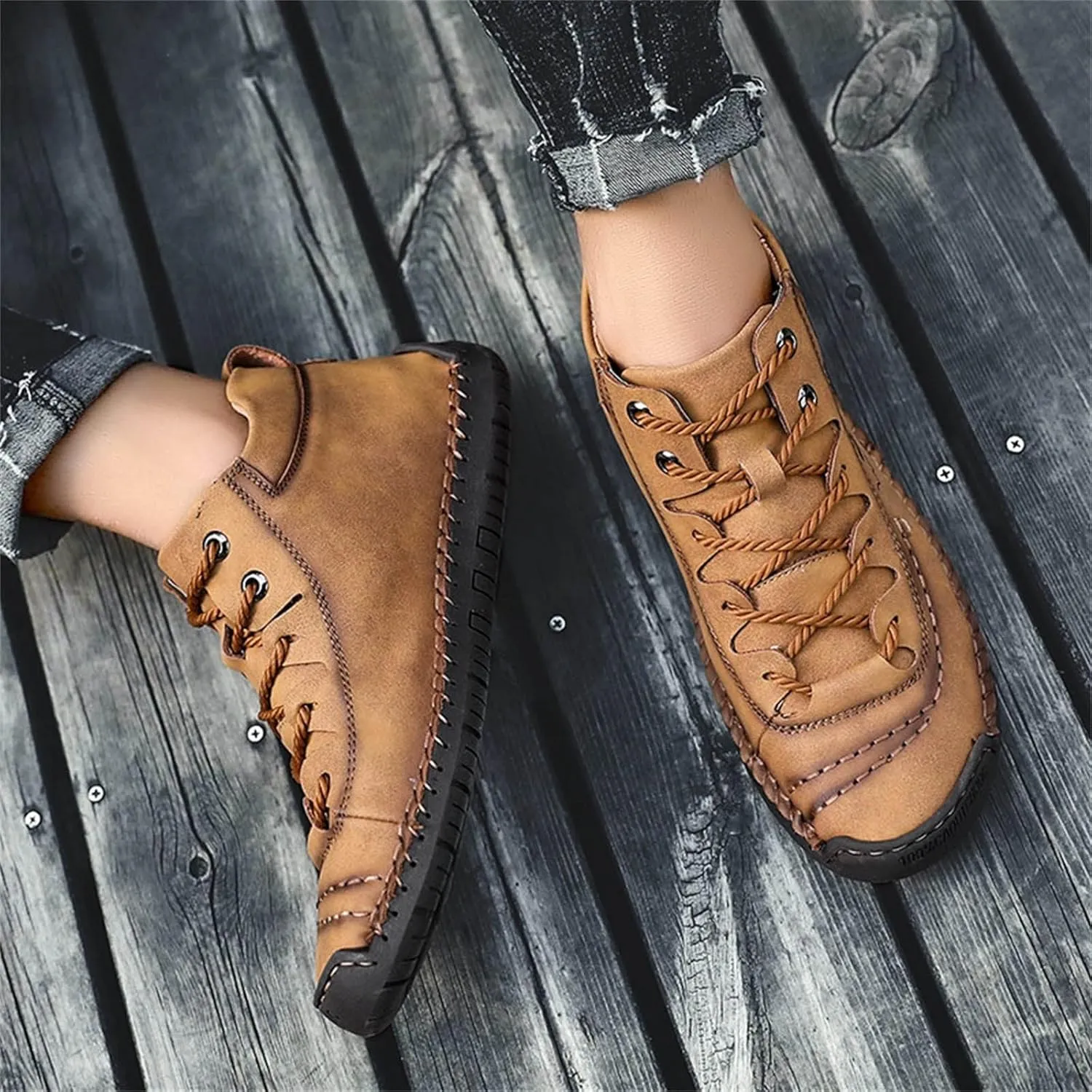 Mens Casual Leather Shoes Size 11 Summer and Autumn Men Leather Shoes Flat Soft Bottom Comfortable Mid Top Lace Up Casual Shoes Laces Dress