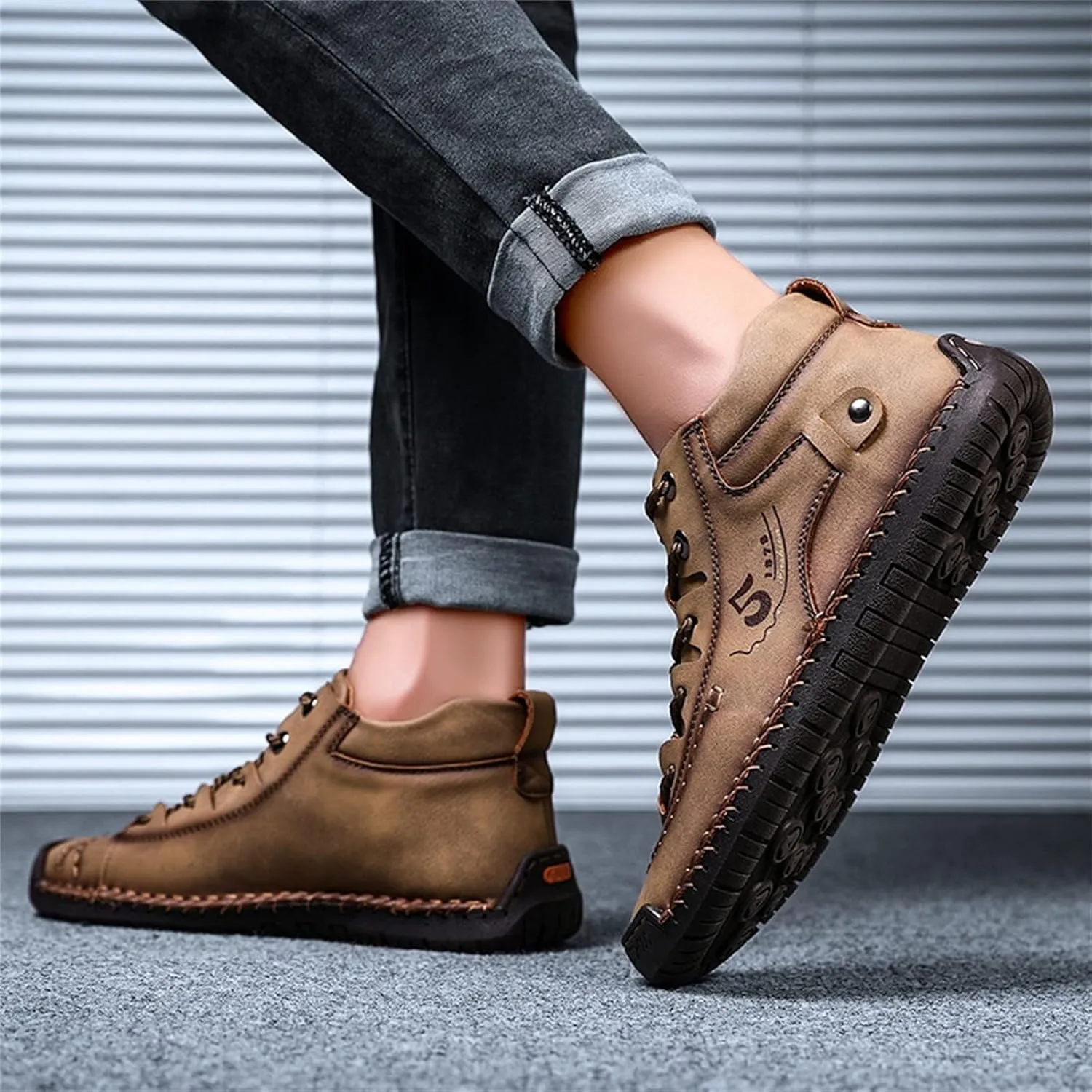 Mens Casual Leather Shoes Size 11 Summer and Autumn Men Leather Shoes Flat Soft Bottom Comfortable Mid Top Lace Up Casual Shoes Laces Dress