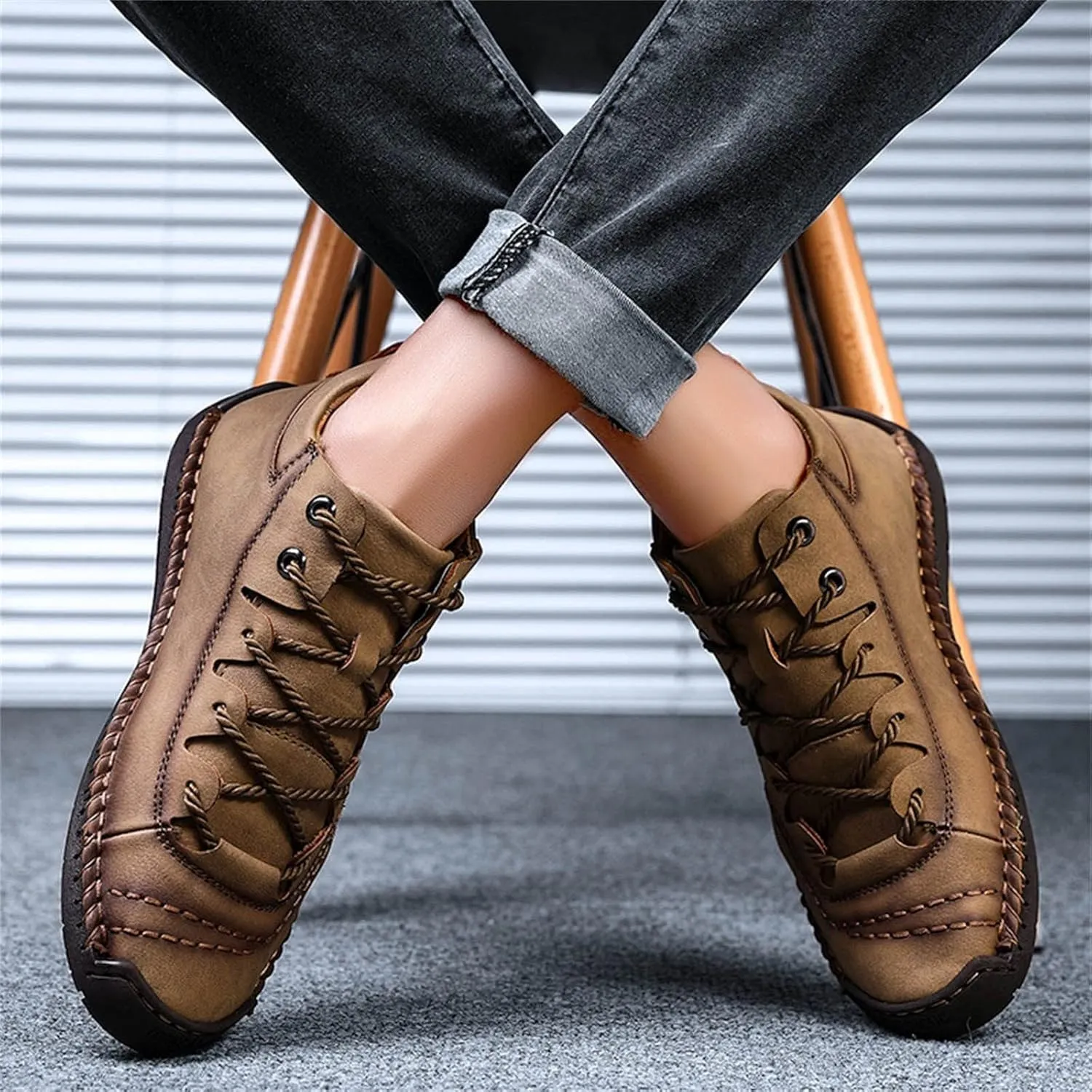 Mens Casual Leather Shoes Size 11 Summer and Autumn Men Leather Shoes Flat Soft Bottom Comfortable Mid Top Lace Up Casual Shoes Laces Dress
