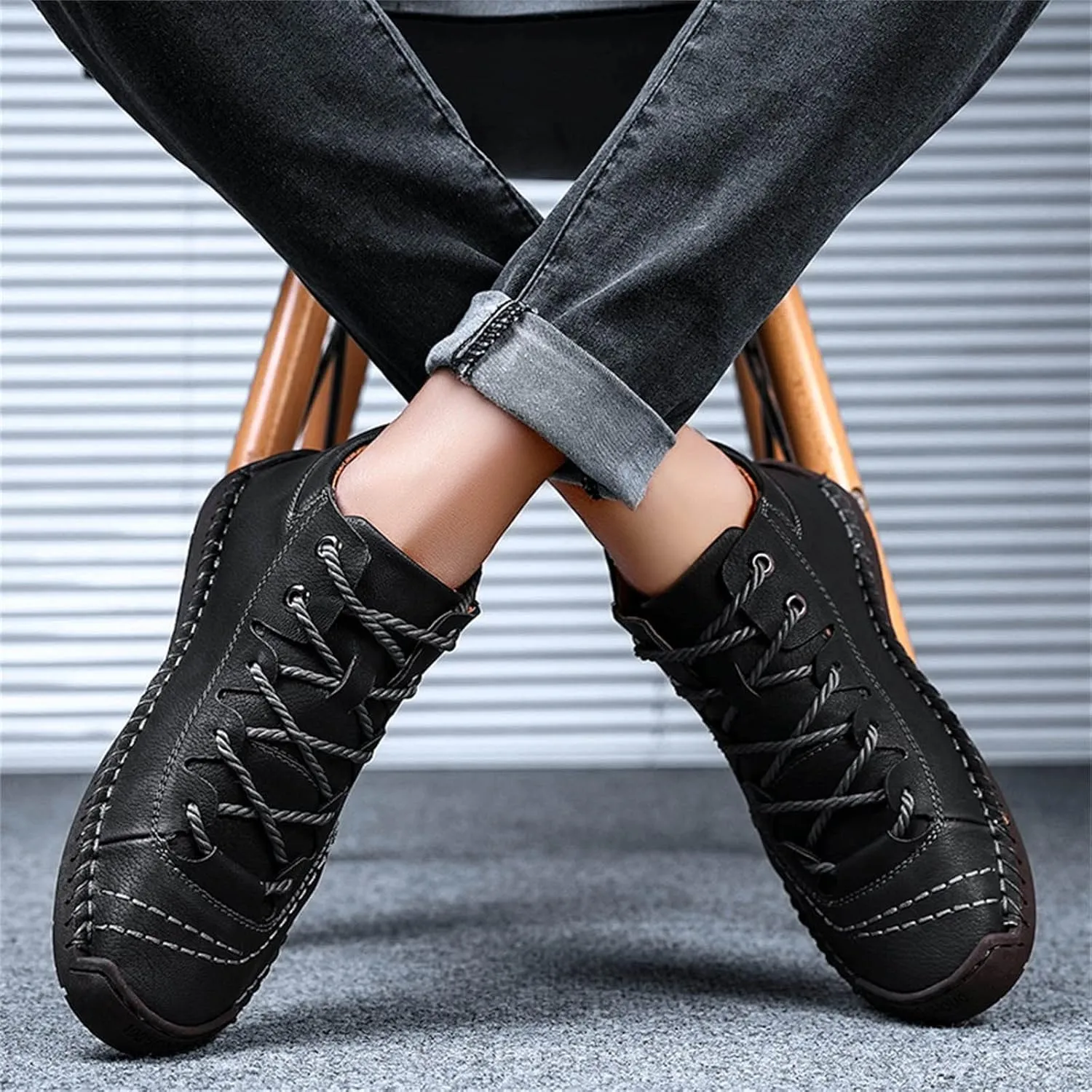 Mens Casual Leather Shoes Size 11 Summer and Autumn Men Leather Shoes Flat Soft Bottom Comfortable Mid Top Lace Up Casual Shoes Laces Dress