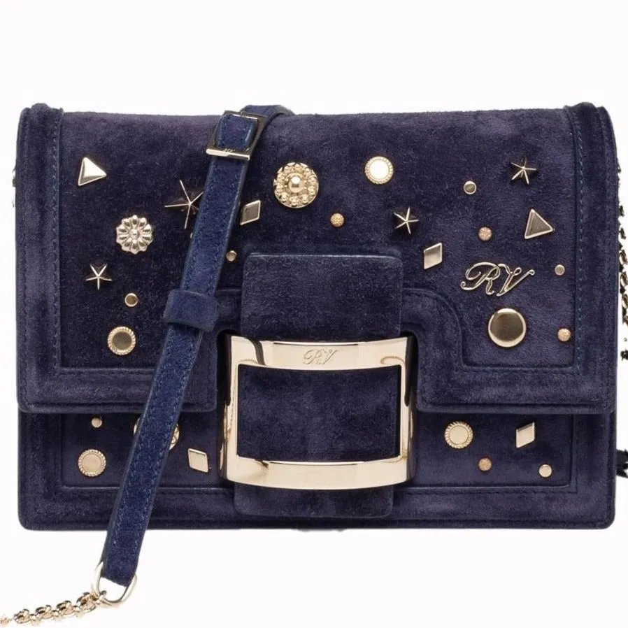 Navy Embellished Suede Convertible Clutch/Crossbody Bag