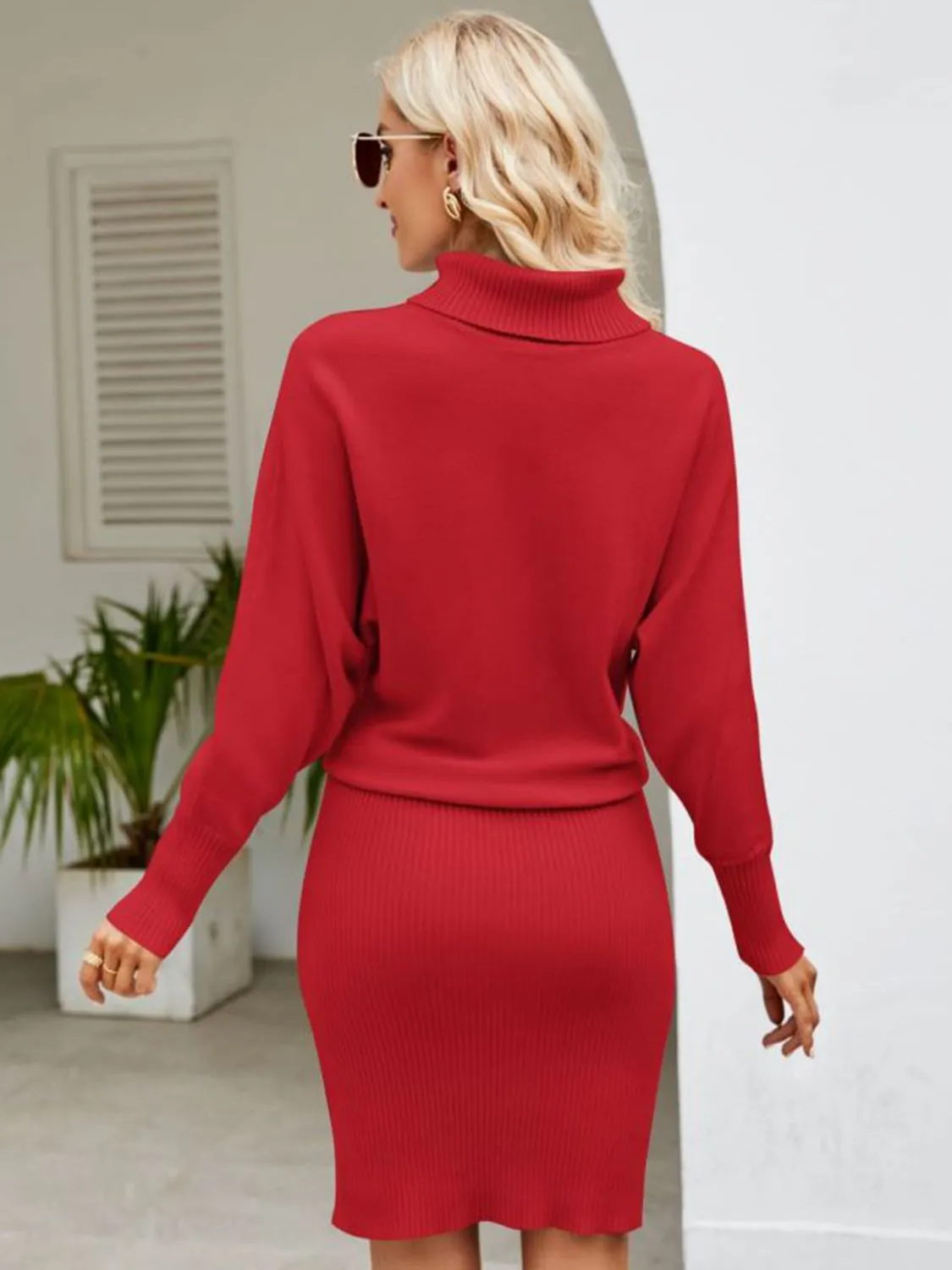 Turtle Neck Long Sleeve Ribbed Sweater Dress | Formal Knee Length Casual Dress