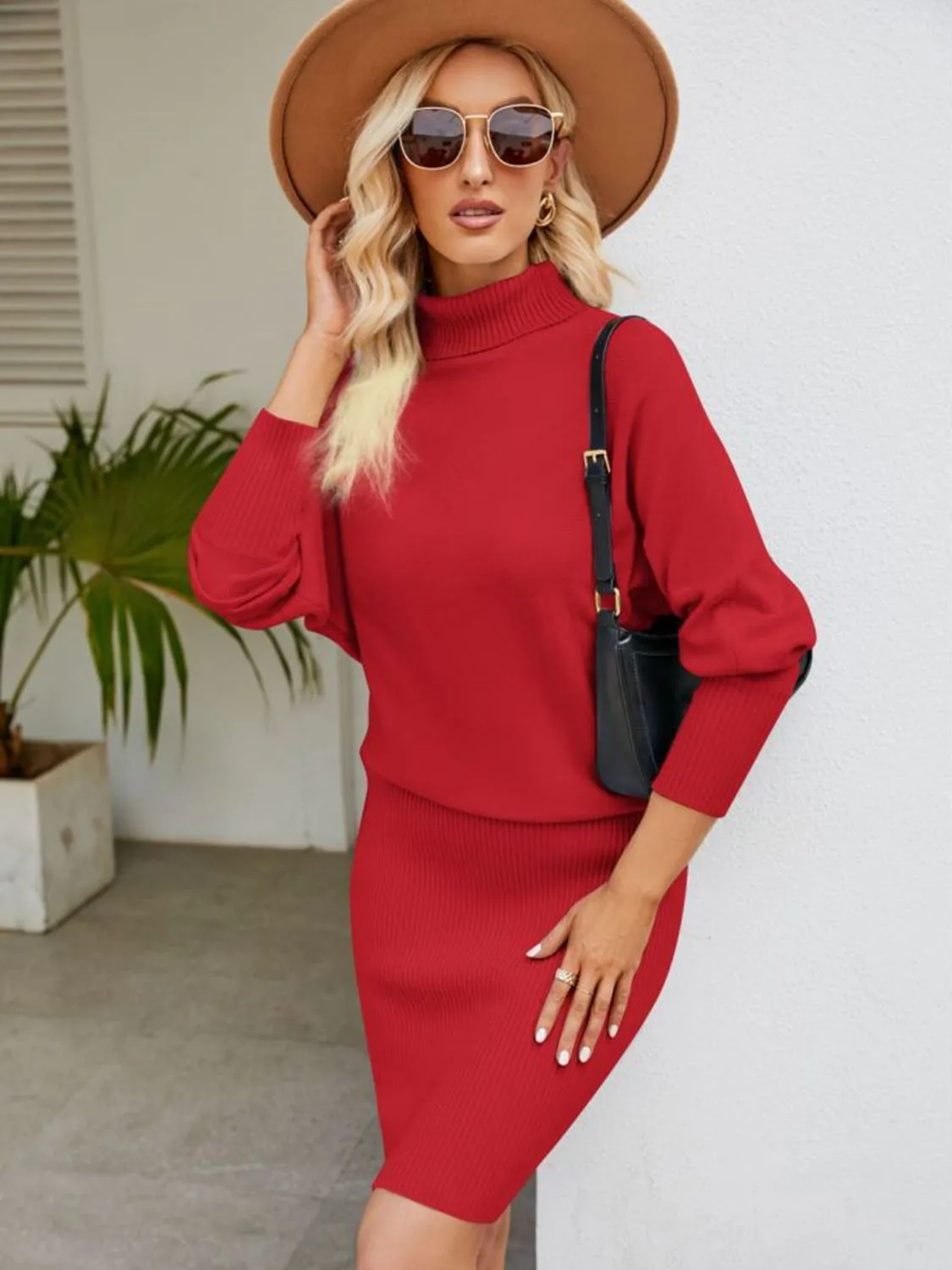 Turtle Neck Long Sleeve Ribbed Sweater Dress | Formal Knee Length Casual Dress