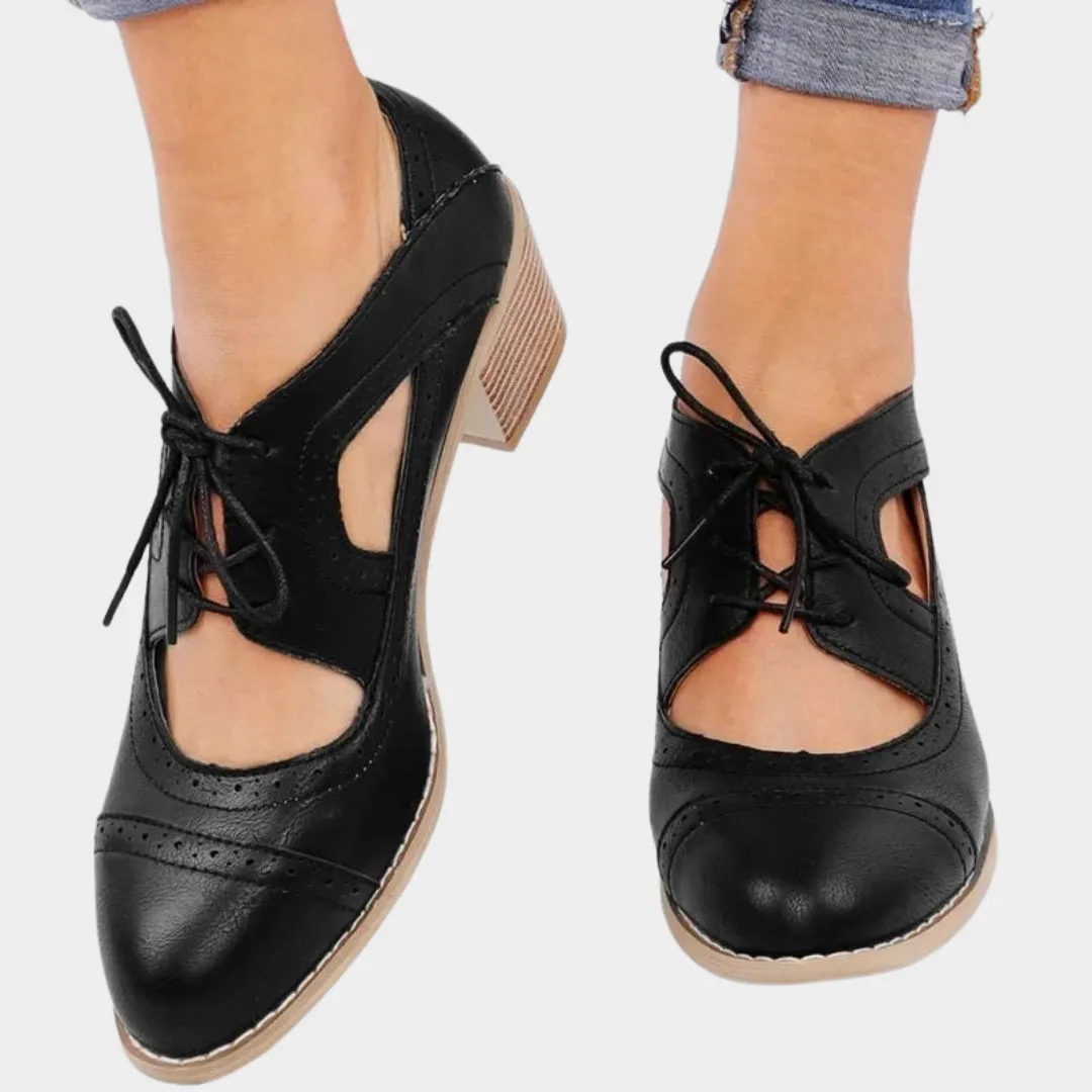 Women's Lace-Up Brogue Shoes  Vintage Cut-Out Design  Chunky High Heels  Classic Casual Footwear  Multiple Colours