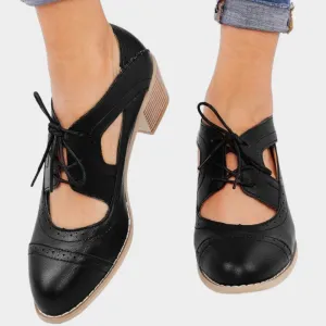 Women's Lace-Up Brogue Shoes  Vintage Cut-Out Design  Chunky High Heels  Classic Casual Footwear  Multiple Colours